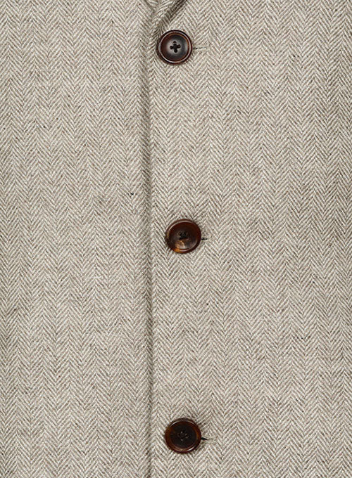 Vintage Herringbone Light Beige Tweed Long Coat - Image 4