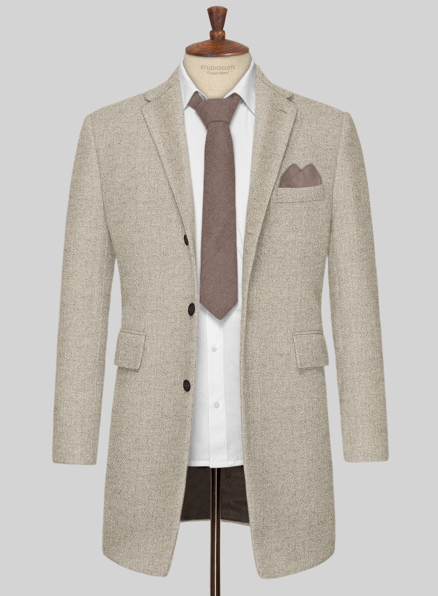 Vintage Herringbone Light Beige Tweed Overcoat - Image 2