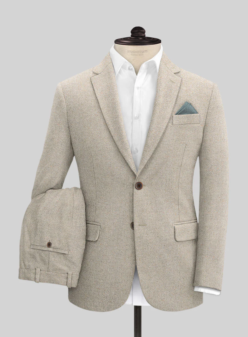 Vintage Herringbone Light Beige Tweed Suit - Image 2