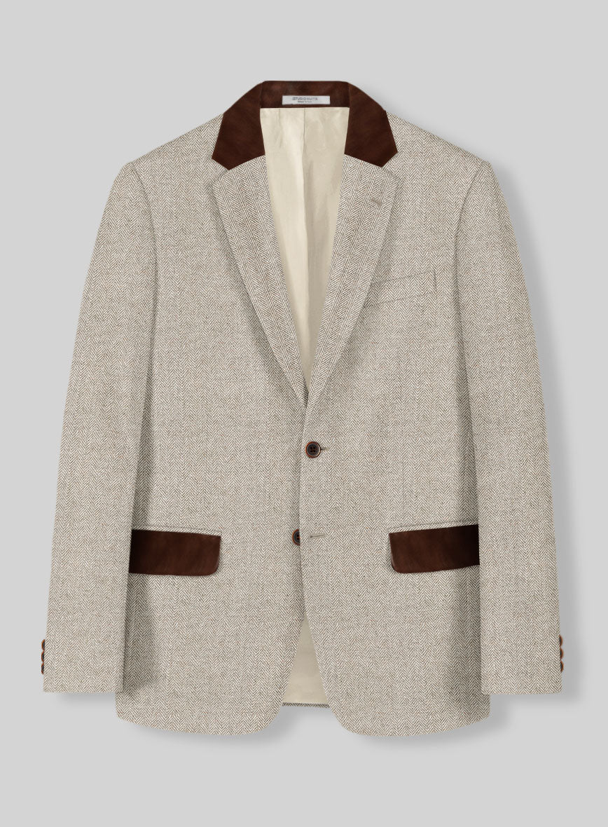 Vintage Herringbone Light Beige Tweed Suit - Leather Trims - Image 3