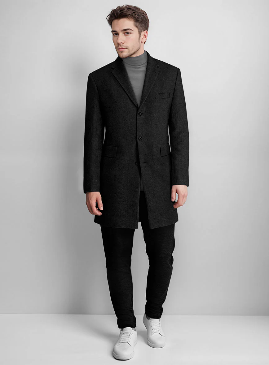 Vintage Plain Black Tweed Overcoat - Image 2
