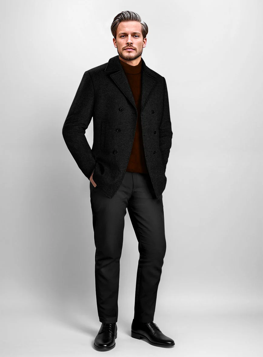 Vintage Plain Black Tweed Pea Coat - Image 2