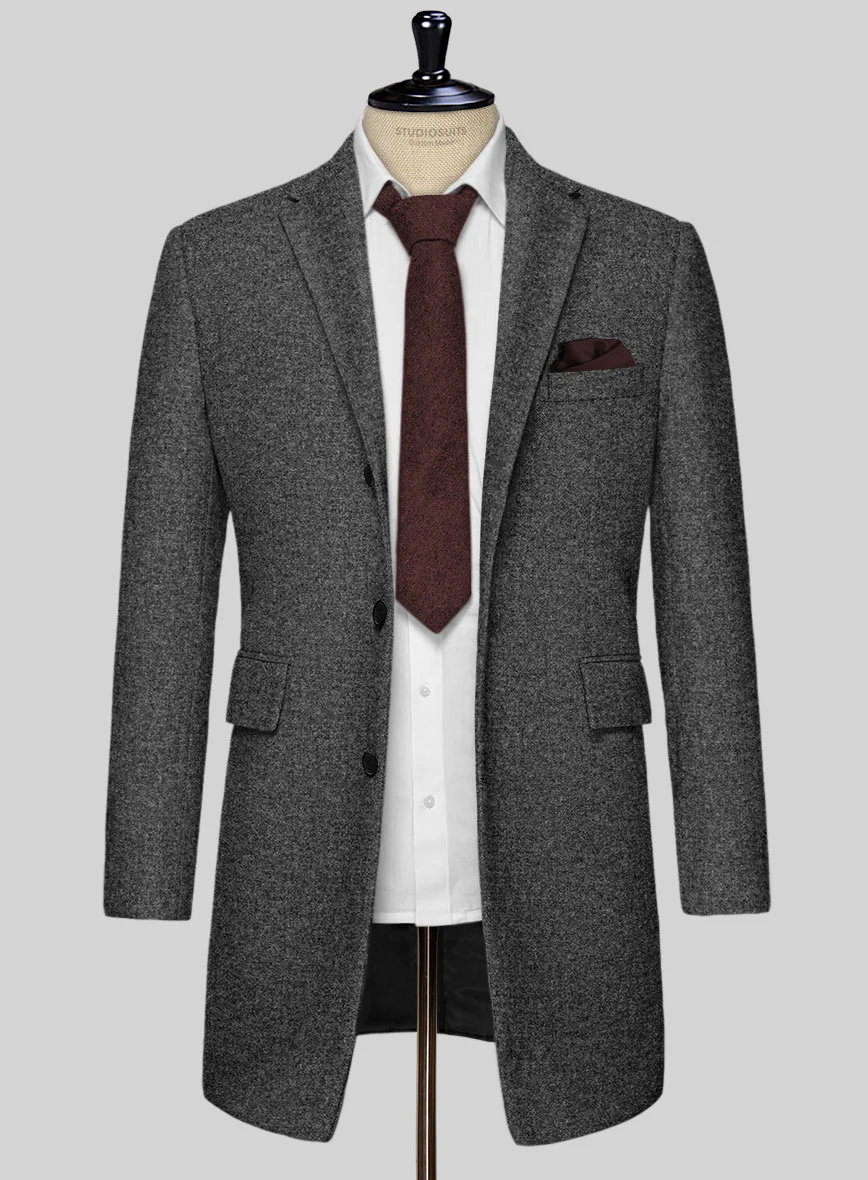 Vintage Plain Dark Gray Tweed Overcoat - Image 3