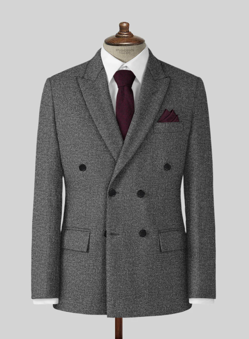 Vintage Plain Dark Gray Tweed Double Breasted Suit - Image 2