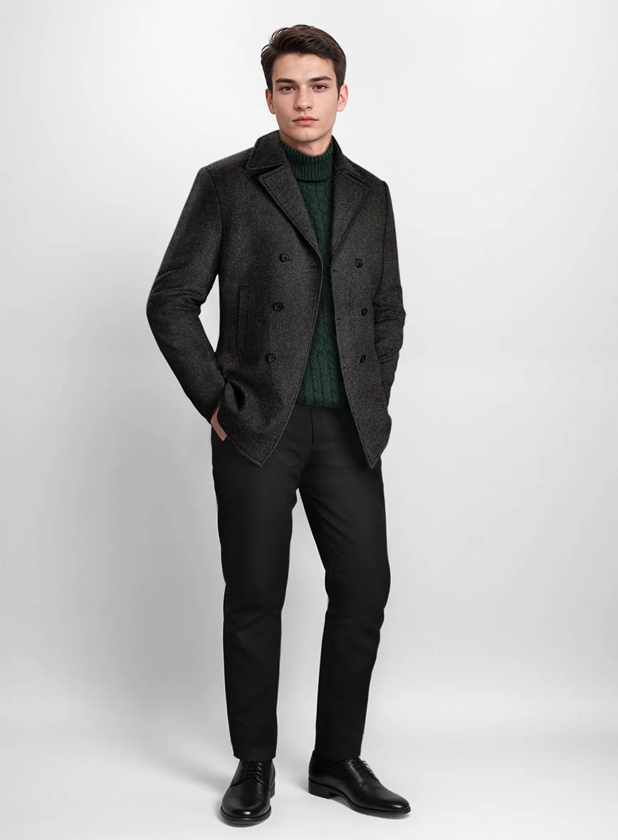 Vintage Rope Weave Charcoal Tweed Pea Coat - Image 2