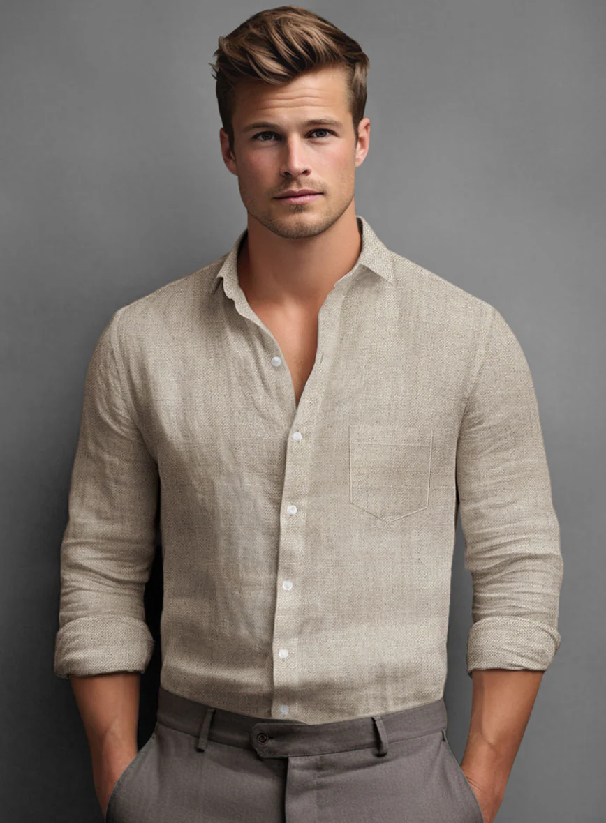 Washed Dark Beige Linen Shirt - Image 3