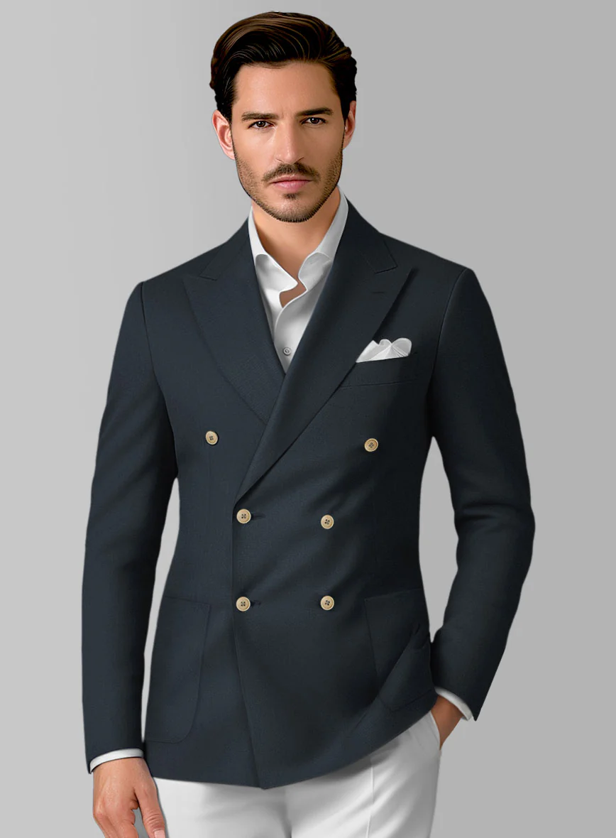 White Dark Blue Cotton Double Breasted Suit - Image 3