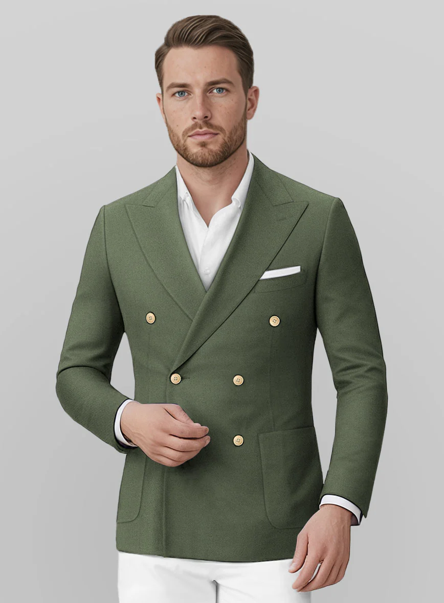 White Olive Green Cotton Double Breasted Suit - Image 3