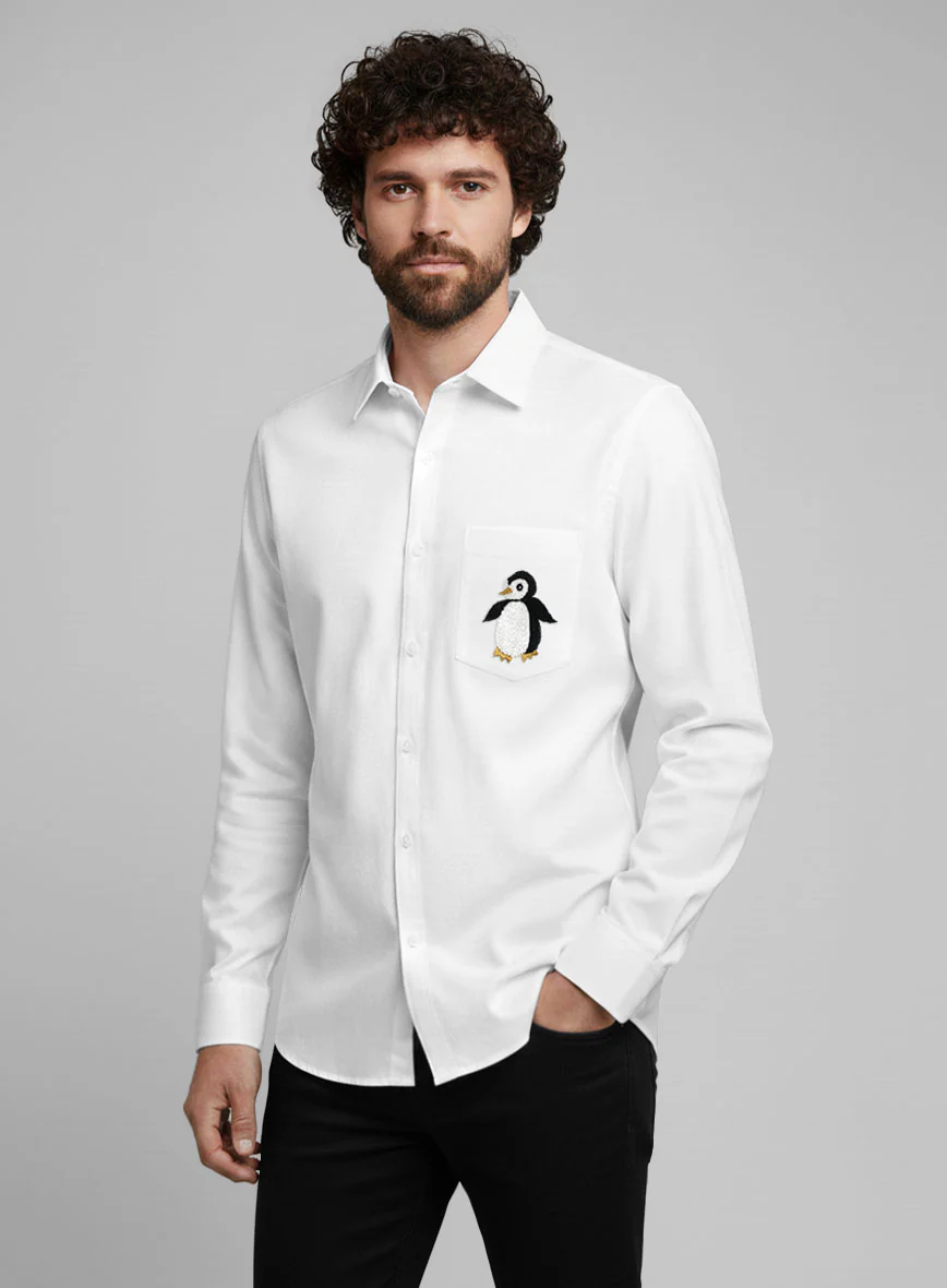 White Stretch Poplene Penguin Embroidered Shirt
