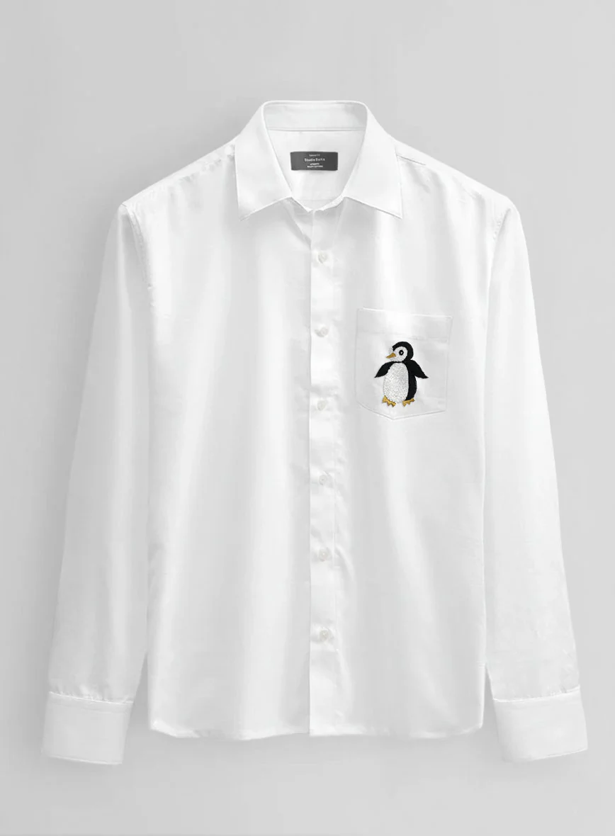 White Stretch Poplene Penguin Embroidered Shirt - Image 2
