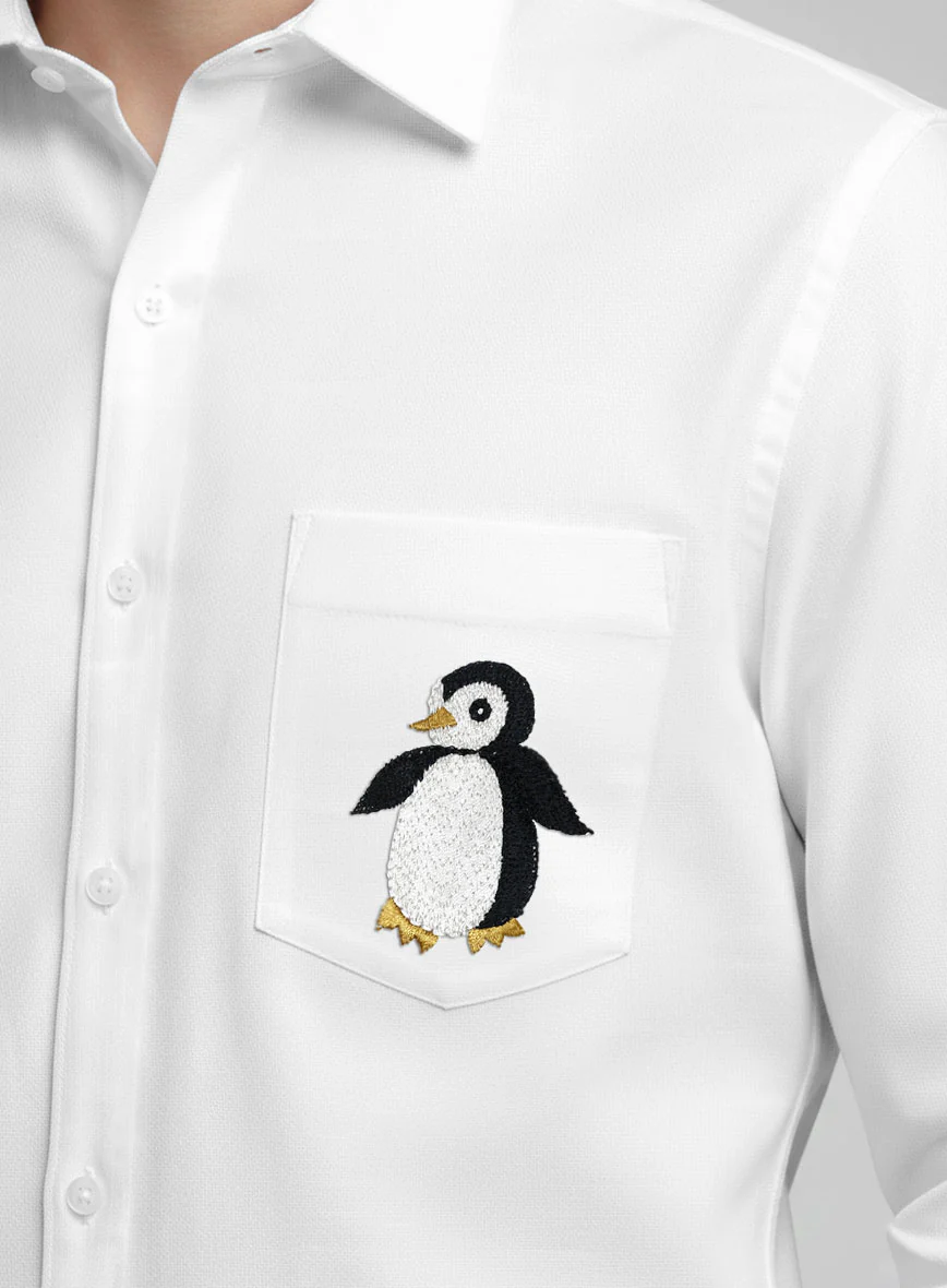 White Stretch Poplene Penguin Embroidered Shirt - Image 3