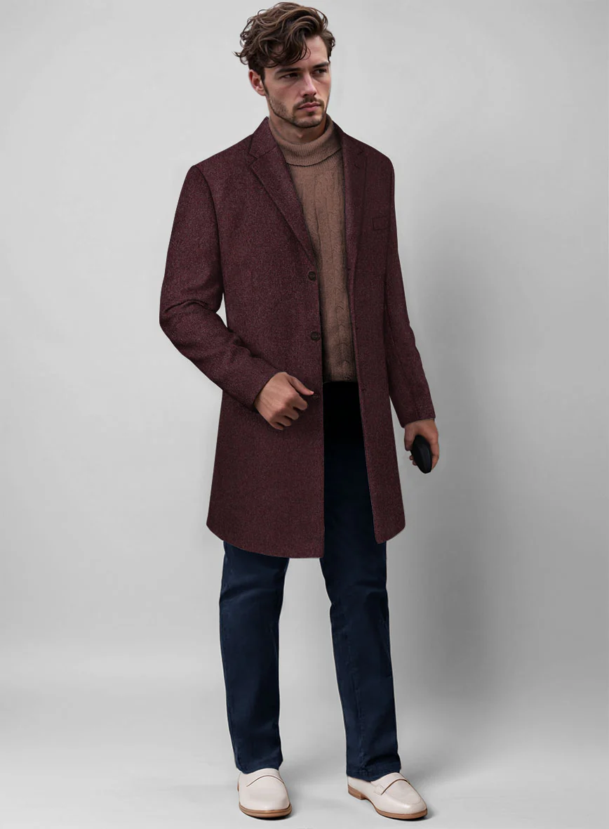 Wine Herringbone Tweed Overcoat - Image 4
