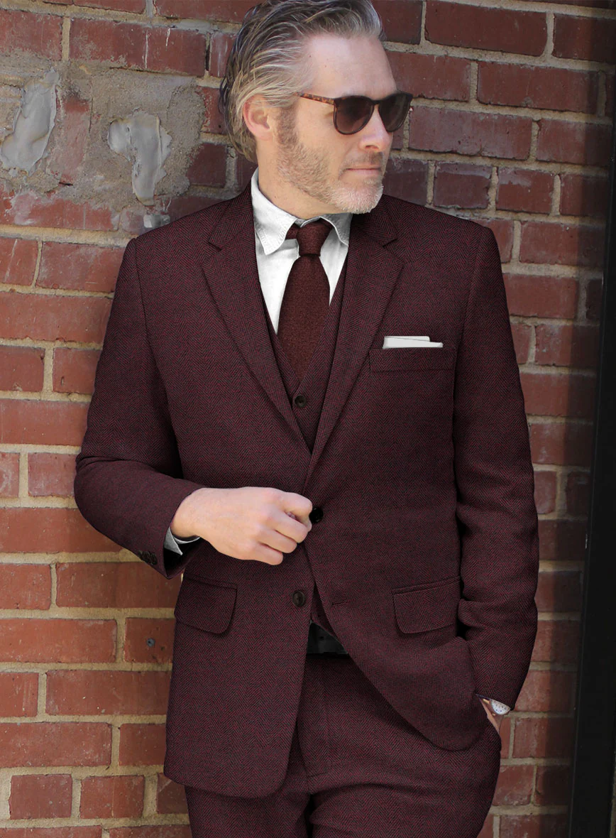 Wine Herringbone Tweed Suit - Image 5