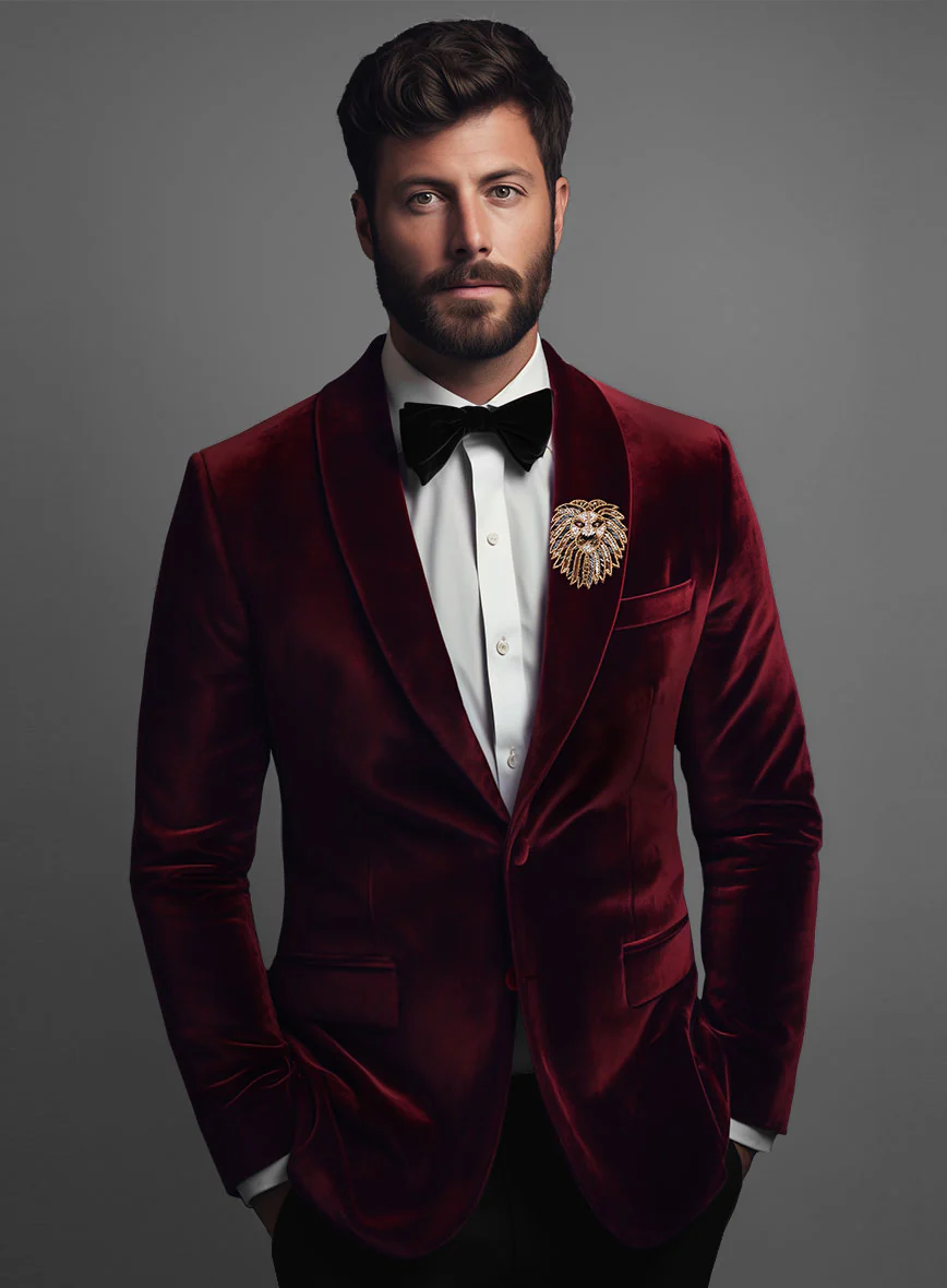 Wine Velvet Blazer - Lion Handwork - Image 2
