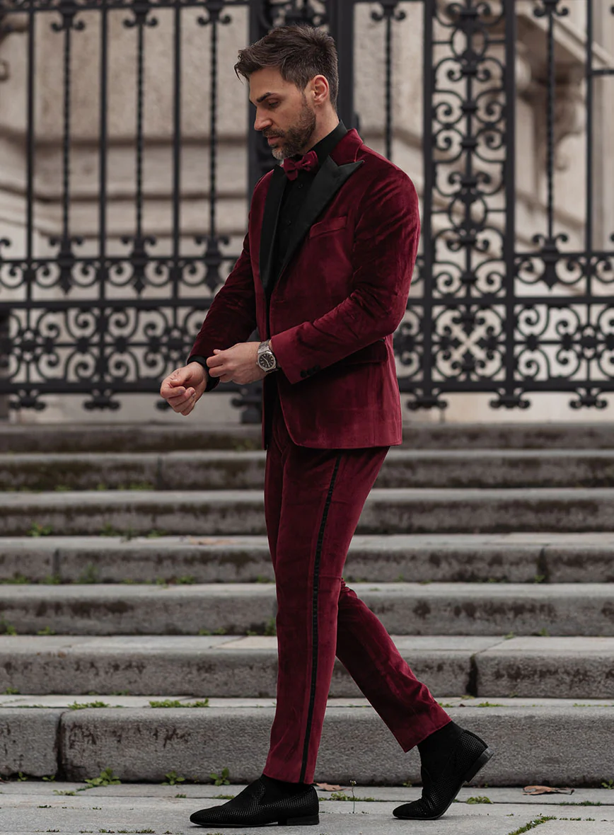 Wine Velvet Tuxedo Suit - Image 2