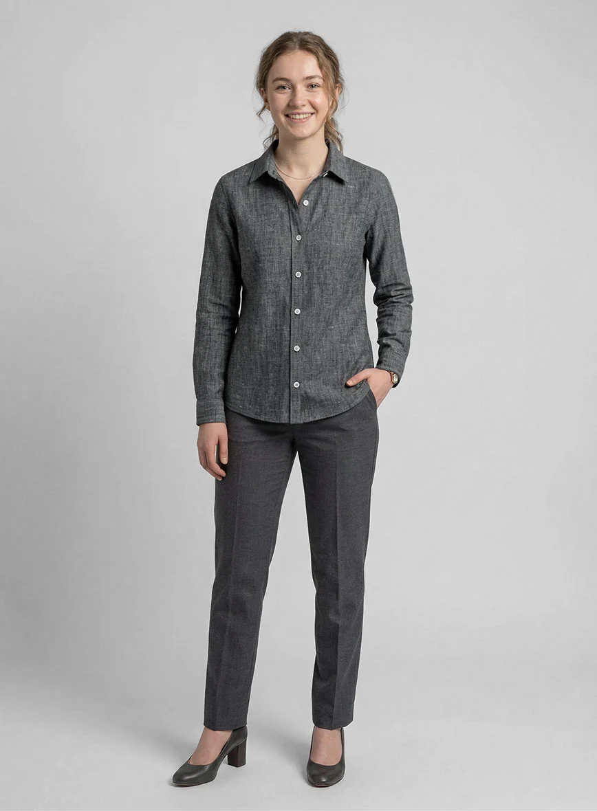Women's European Ash Gray Linen Shirt - Image 2