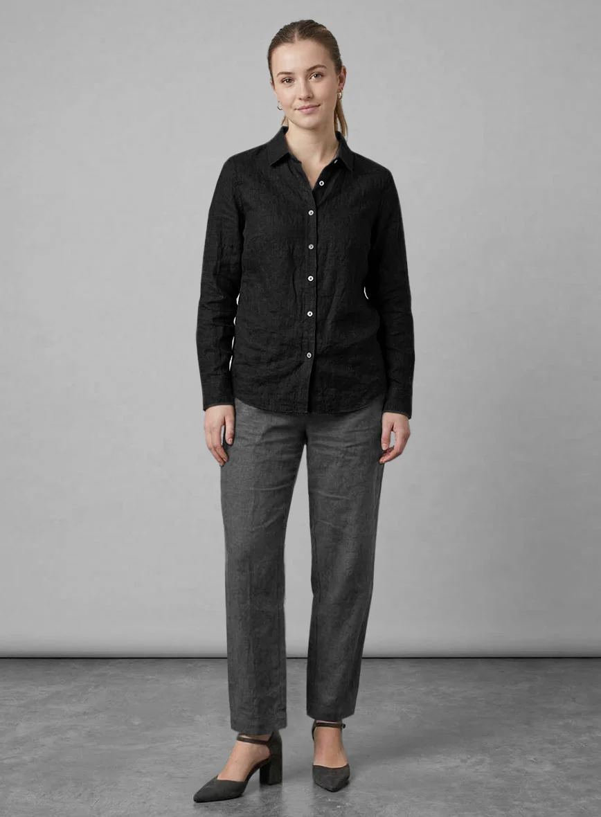 Women's European Black Linen Shirt - Image 2