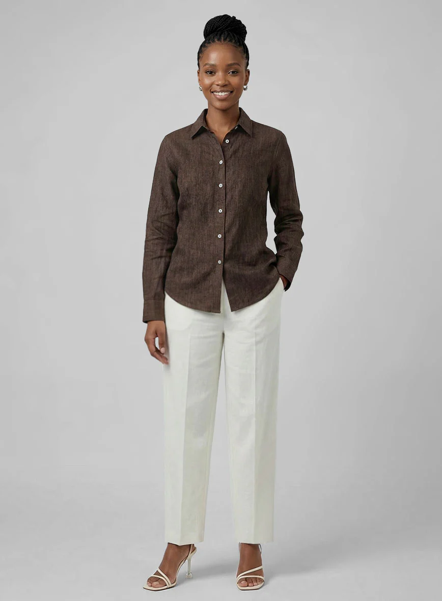 Women's European Dark Brown Linen Shirt - Image 2