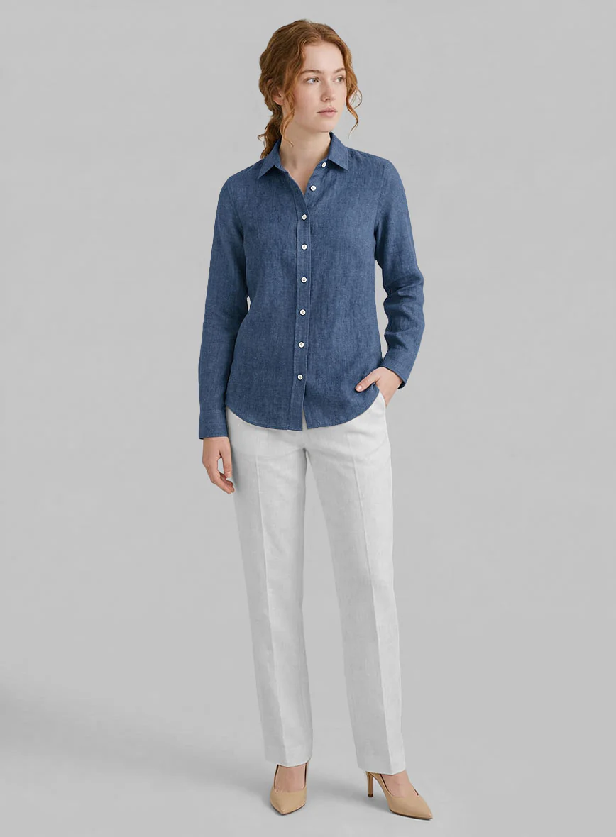 Women's European Nile Blue Linen Shirt - Image 2