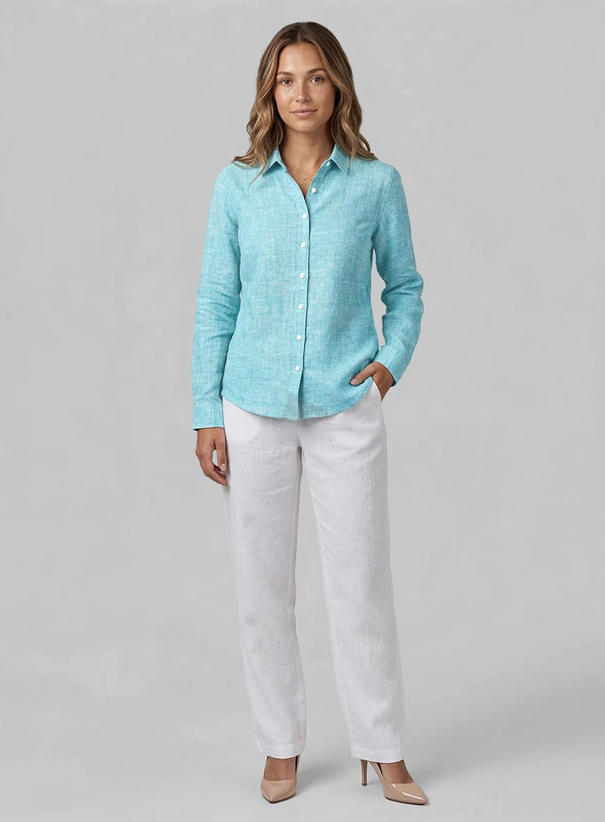 Women's European Sky Blue Linen Shirt - Image 2