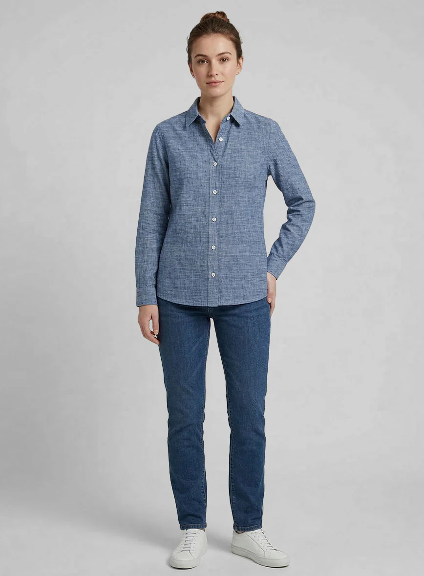 Women's European Smalt Blue Linen Shirt - Image 2