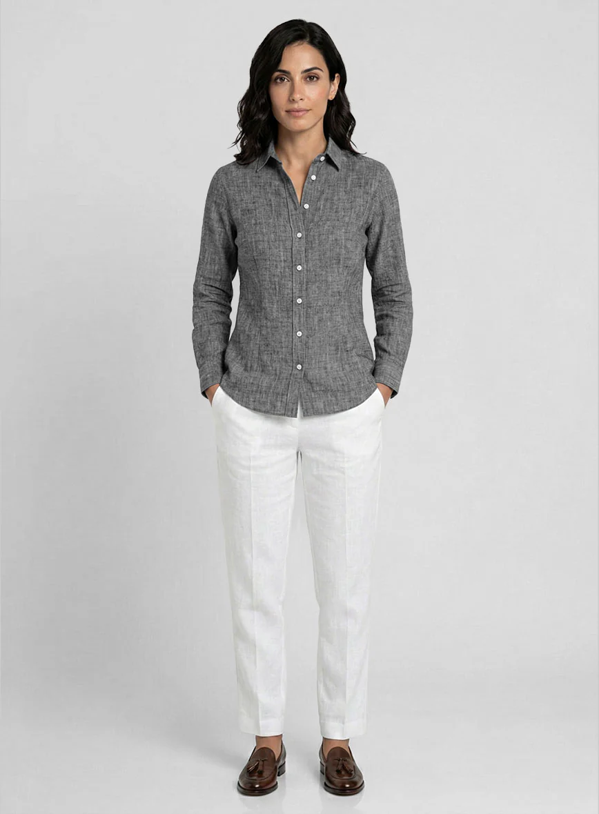 Women's European Smoky Black Linen Shirt - Image 2