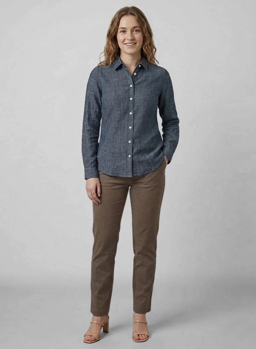Women's European Whale Blue Linen Shirt - Image 2
