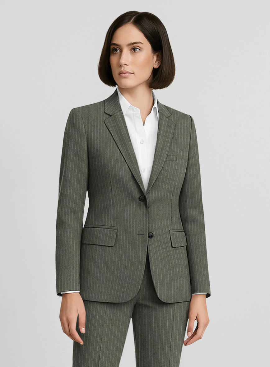 Women's Olive Green Pinstripe Suit - Image 2