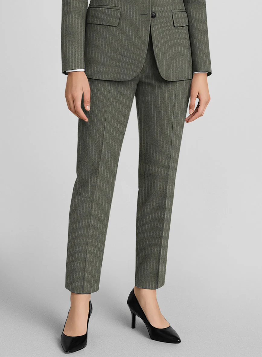 Women's Olive Green Pinstripe Suit - Image 3