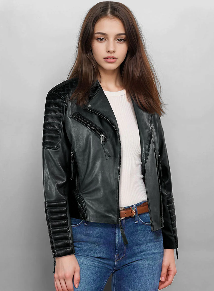 Women's Valencia Burnt Charcoal Leather Jacket - Image 3
