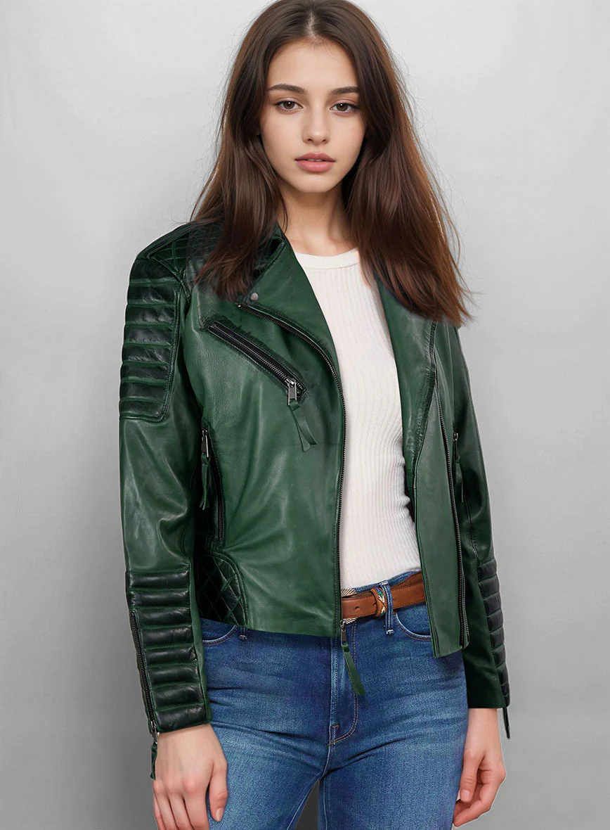 Women's Valencia Burnt Green Leather Jacket - Image 2