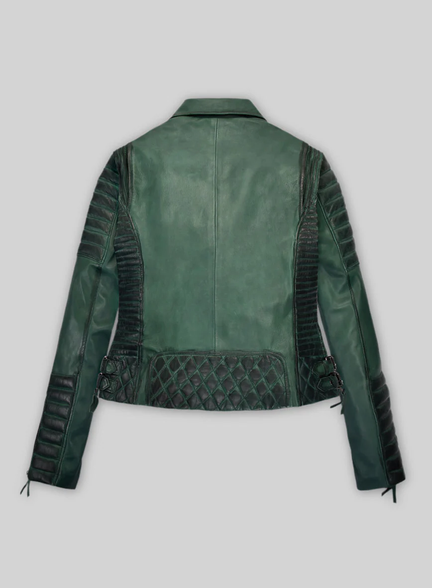 Women's Valencia Burnt Green Leather Jacket - Image 3