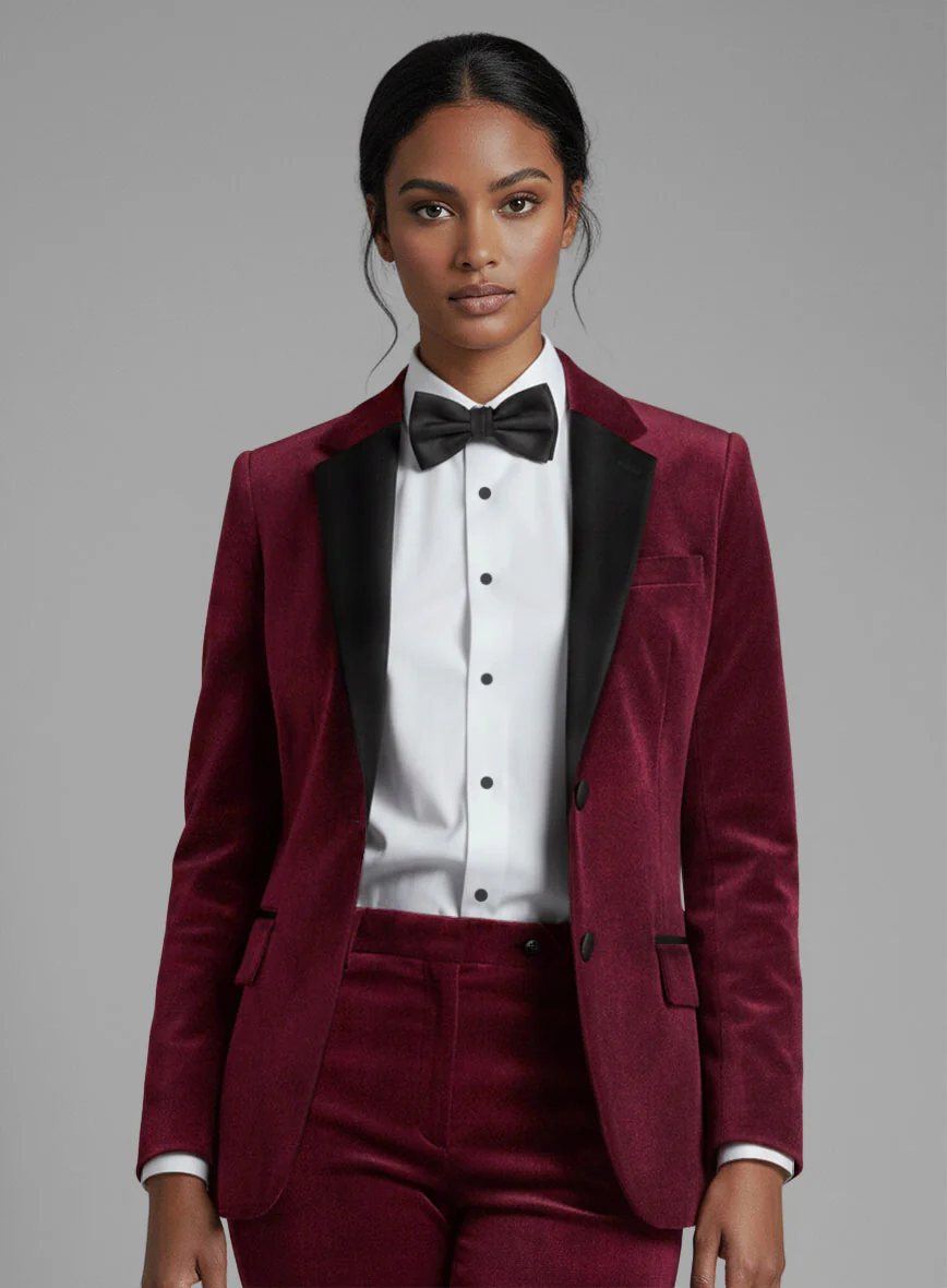 Women's Wine Velvet Tuxedo Suit - Image 2