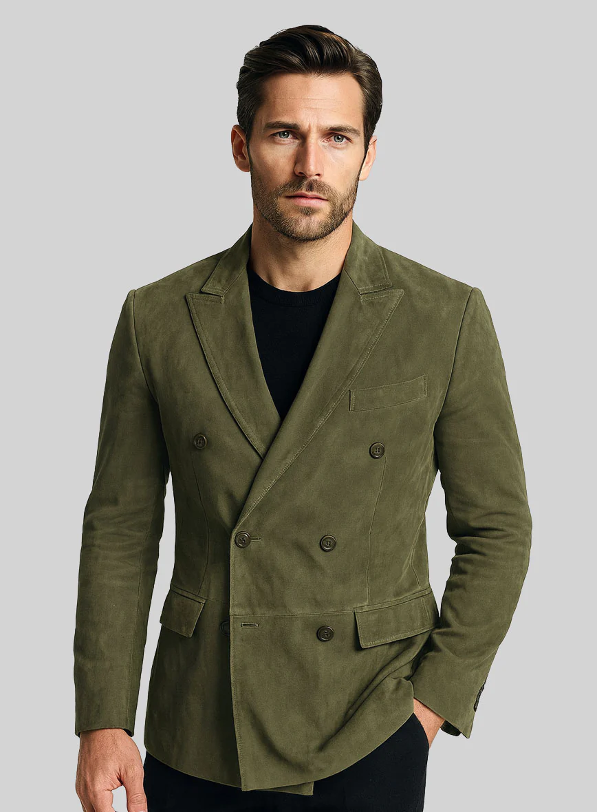 Woodland Green Suede Double Breasted Leather Blazer - Image 2