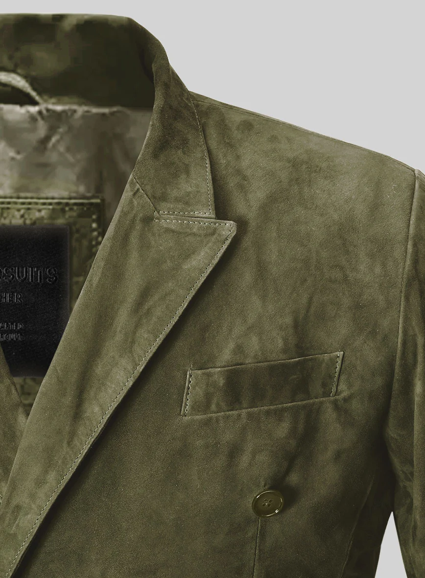 Woodland Green Suede Double Breasted Leather Blazer - Image 4